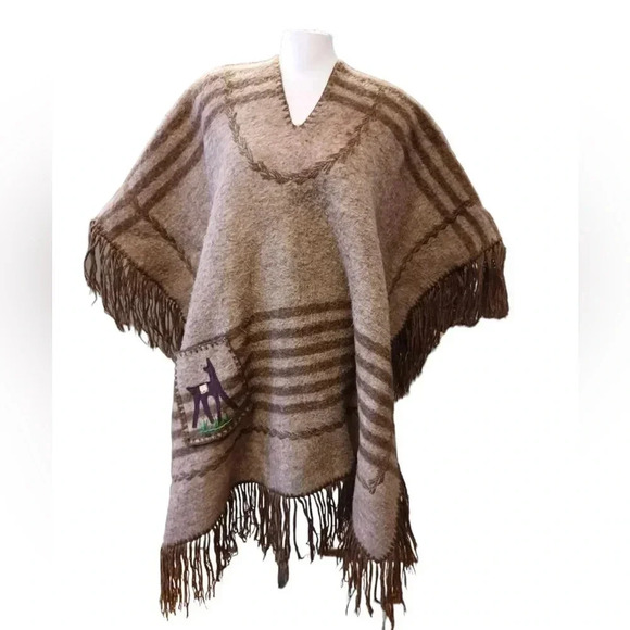 Alpaca Peru  Wool Vintage Shawl Fringe Heavyweight Brown Tan - Picture 1 of 8